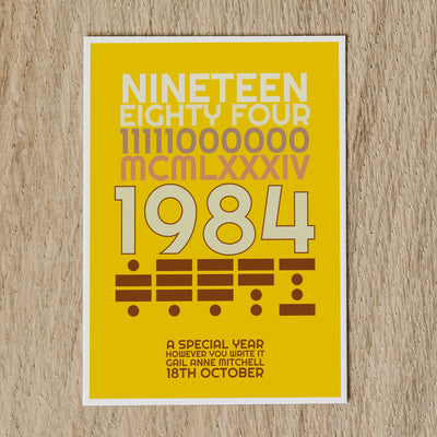 Personalised Any Year Birthday Card - Year In Latin, Binary and Morse Code With Message