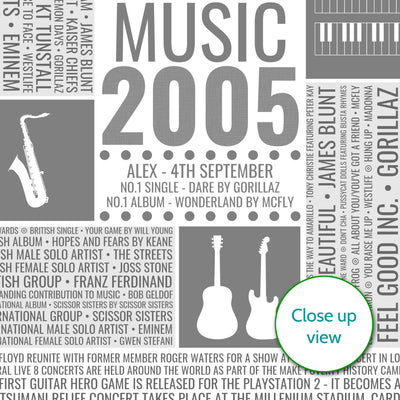 21st Birthday Gift - Personalised 2005 Music Facts Print - UK
