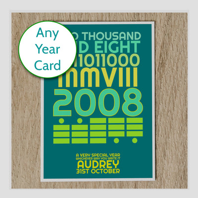 Personalised Any Year Birthday Card - Year In Latin, Binary and Morse Code With Message
