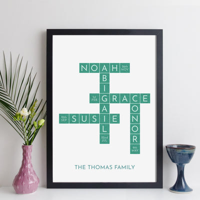 Personalised Family Art Crossword Print With Birthdays