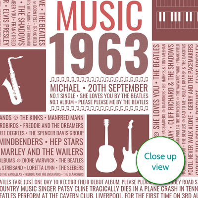 Personalised 1963 Music Facts Print - 1963 Year You Were Born Music Print - 1963 birthday gift idea