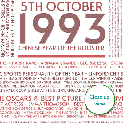 Personalised 1993 Facts Print UK - personalised 1993 print birthday gift idea